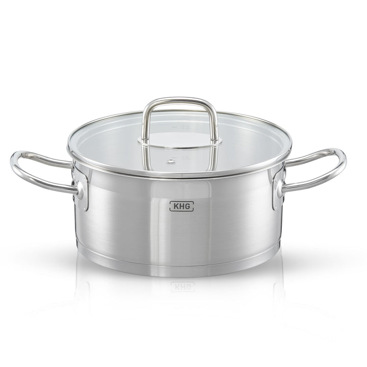 KHG Topf Kochtopf Bratentopf 20 cm Induktion, Edelstahl unbeschichtet inkl. Glasdeckel | 9,5 cm hohe