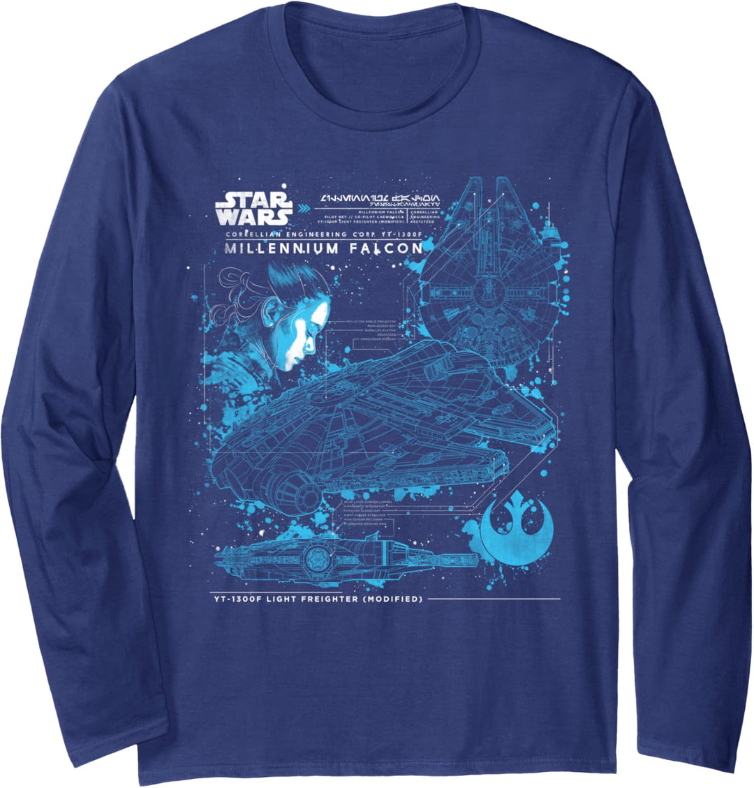 Star Wars Last Jedi Rey Millennium Falcon Schematic Langarmshirt