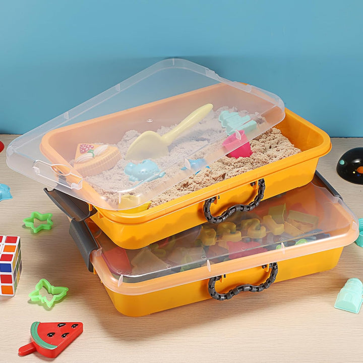 2 Stück Sandkasten mit transparent Deckel Kunststoff Sandschale Gelb Spieltablett Tragbare Sandkoffe