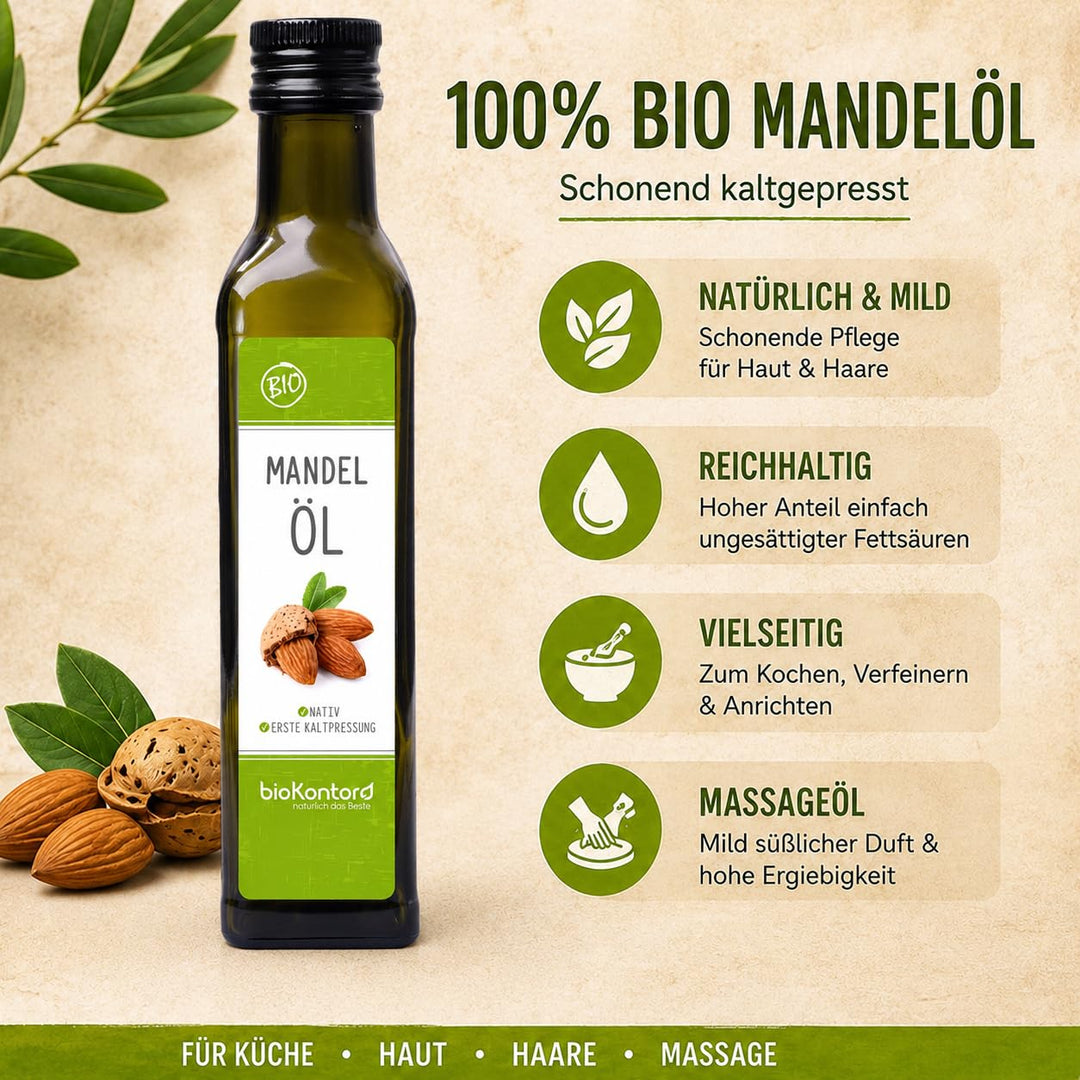 bioKontor – Bio Mandelöl 250ml – Mandelöl nativ kaltgepresst – 100% naturreines Mandel Öl in Rohkost