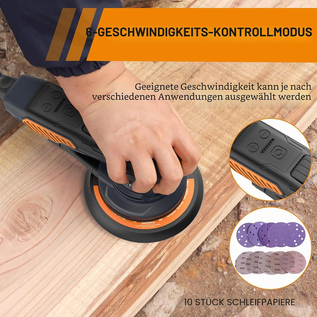 MAXXT Bürstenlos Orbital-Schleifer für 6-Zoll-Papiere, Elektro-Random-Orbital-Schleifer mit 10000 U/