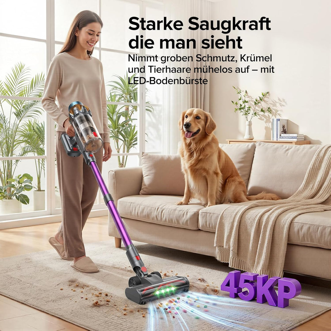 Lubluelu Akku Staubsauger Kabellos, 45kPa Saugkraft/50 Min Laufzeit, mit Selbststehend-Funktion&amp;Anti