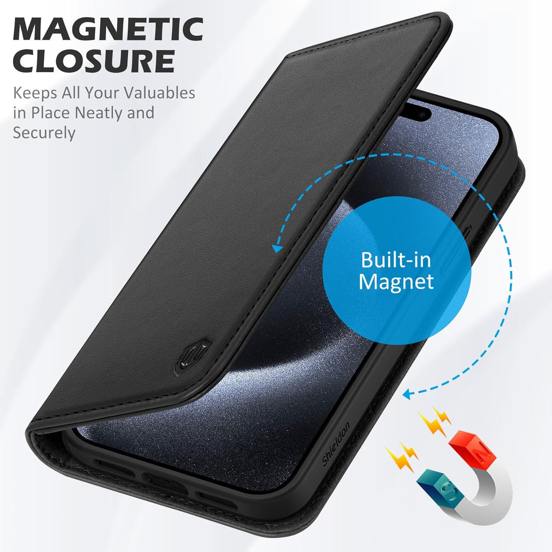 SHIELDON Hülle für iPhone 15 Pro Max, Handyhülle TPU [Echtleder] [Kartenfach] [Magnet] [Stand] [RFID