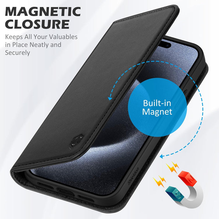 SHIELDON Hülle für iPhone 15 Pro Max, Handyhülle TPU [Echtleder] [Kartenfach] [Magnet] [Stand] [RFID