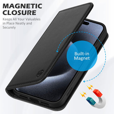 SHIELDON Hülle für iPhone 15 Pro Max, Handyhülle TPU [Echtleder] [Kartenfach] [Magnet] [Stand] [RFID