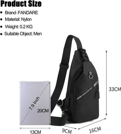 FANDARE Herren Brusttasche Sling Bag Umhängetaschen Schultertasche mit USB-Ladeanschluss Bauchtasche