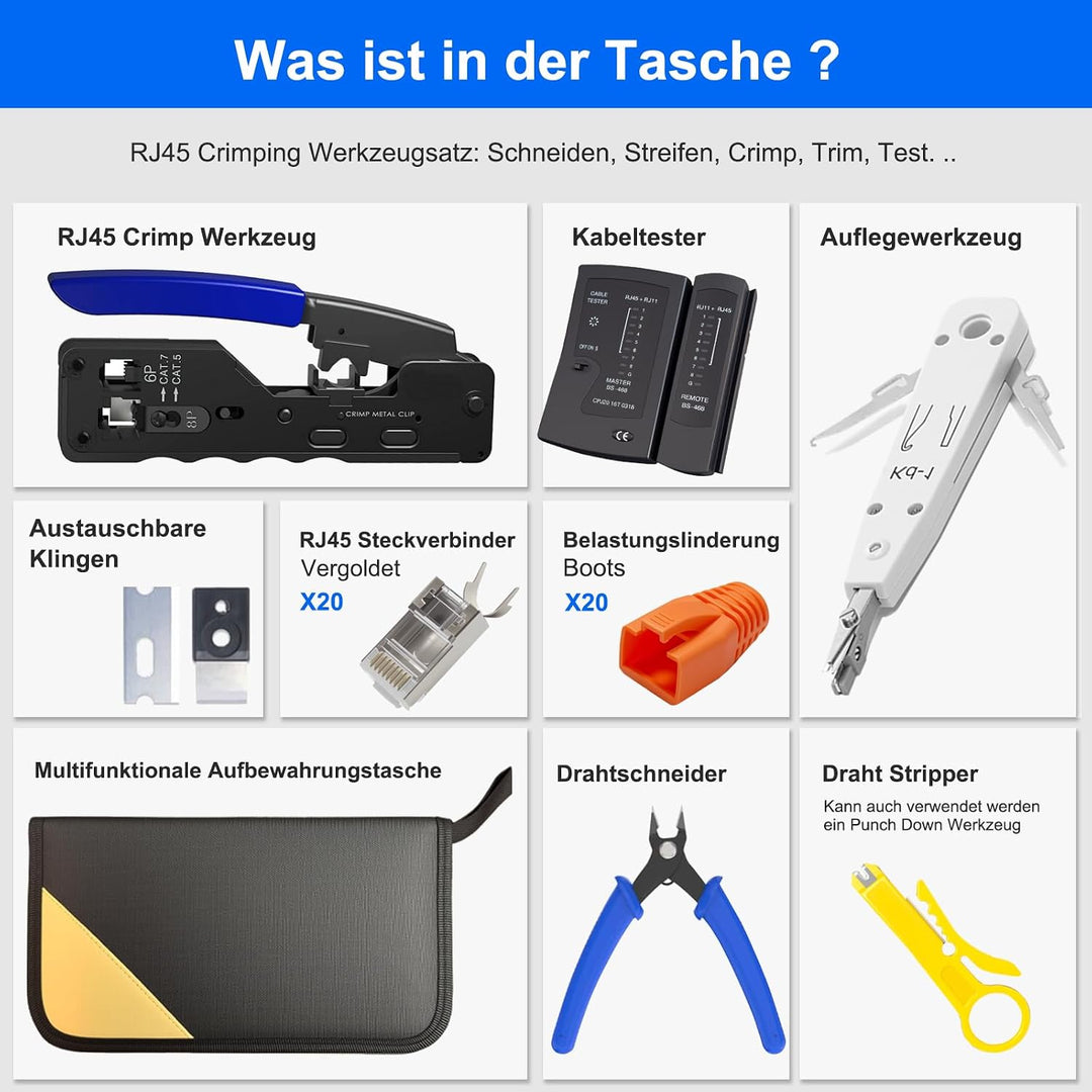 Netzwerk Werkzeug Set, Pass Through RJ45 Crimpzange für Cat5/Cat6/Cat7 mit 20x RJ45 Stecker, Netzwer