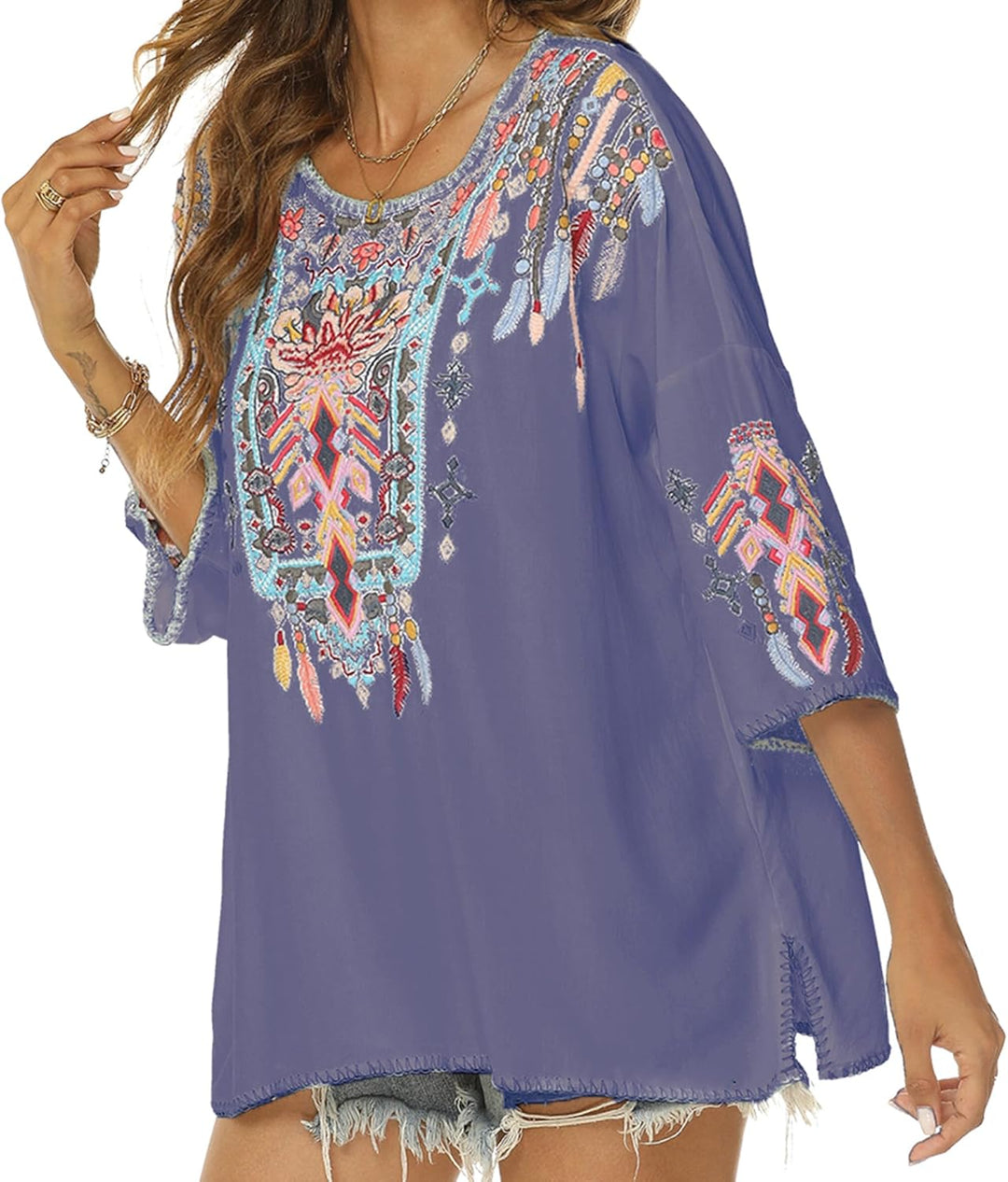 Boho Stickerei Bluse Hippie Kleidung Damen 70er 80er Jahre Bekleidung Bohemian Folklore Besticktes T