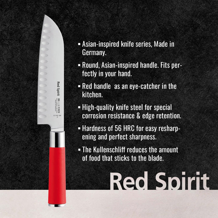 F. DICK Santoku, Küchenmesser, Red Spirit (Messer mit Klinge 18 cm, X55CrMo14 Stahl, nichtrostend, 5