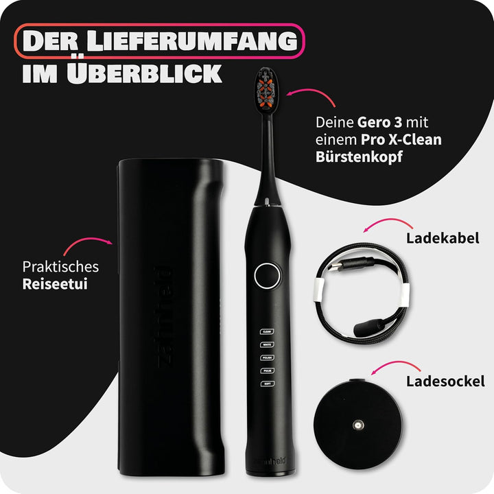 Zahnheld Gero 3 Schallzahnbürste, ETM Test SEHR GUT 93%, IPX7, Schwarz | Elektrische Zahnbürste, bis