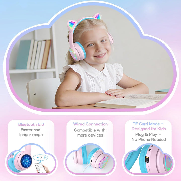 IFECCO Bluetooth Kopfhörer Kinder mit Mikrofon, Kinder Kabellos Kopfhörer mit Tasche, LED-Leuchten K