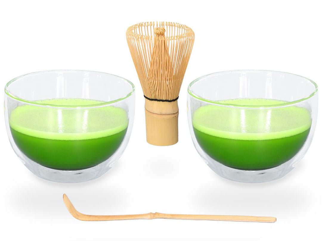 Matcha-Set 4-teilig, bestehend aus 2 Matchaschalen aus doppelwandigem Glas, Matchalöffel und Matchab