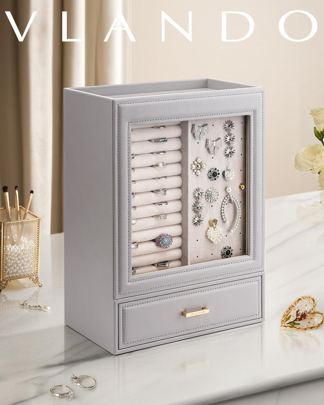 Vlando Schmuckaufbewahrung Schmuckschrank 5 Ebenen, Schmuckkasten mit Glasdeckel, Schmuckkästchen Gr