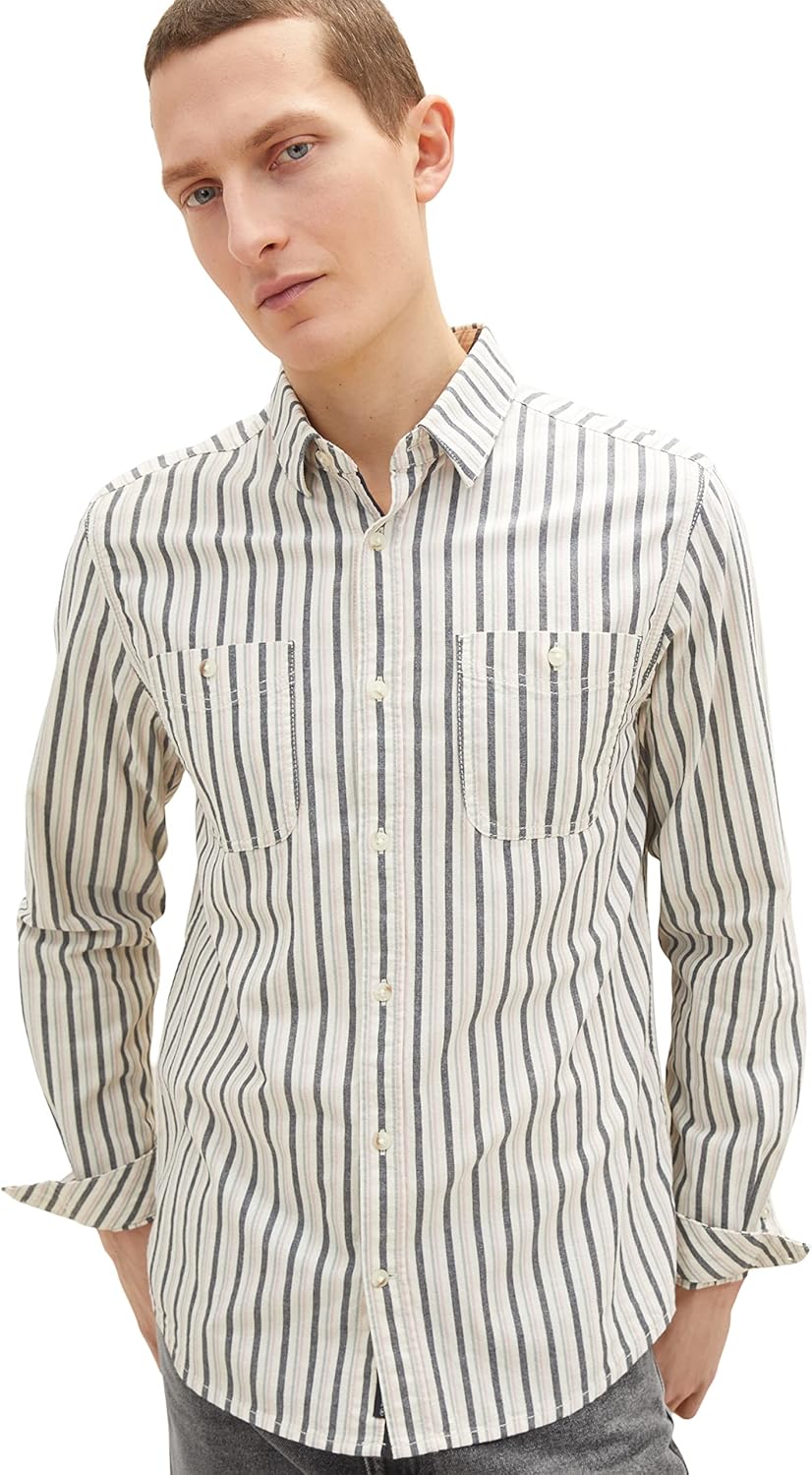 TOM TAILOR Herren Chambray Hemd mit Brusttaschen 3XL 31172 - Rose Navy Off White Stripe, 3XL 31172 -