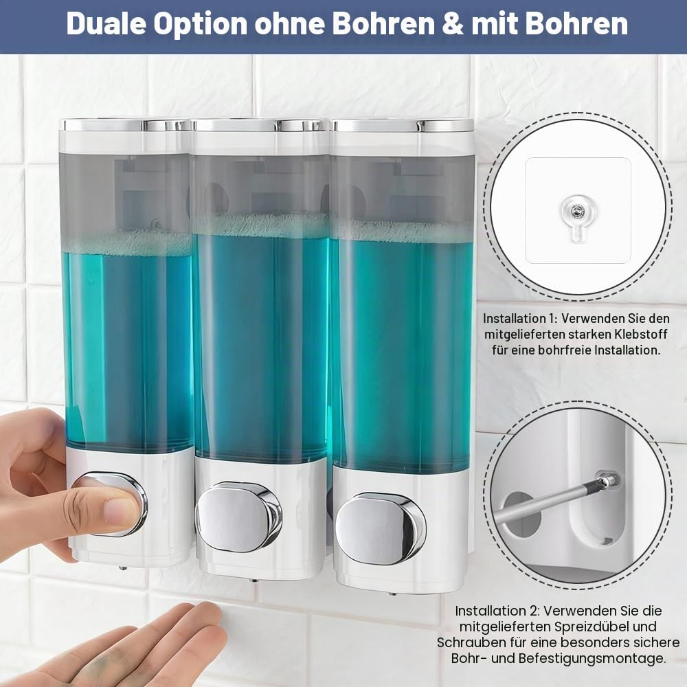 3 Kammern Shampoo Conditioner Dispenser, Seifenspender Wandbefestigung Shampoo Duschgel Spender ohne