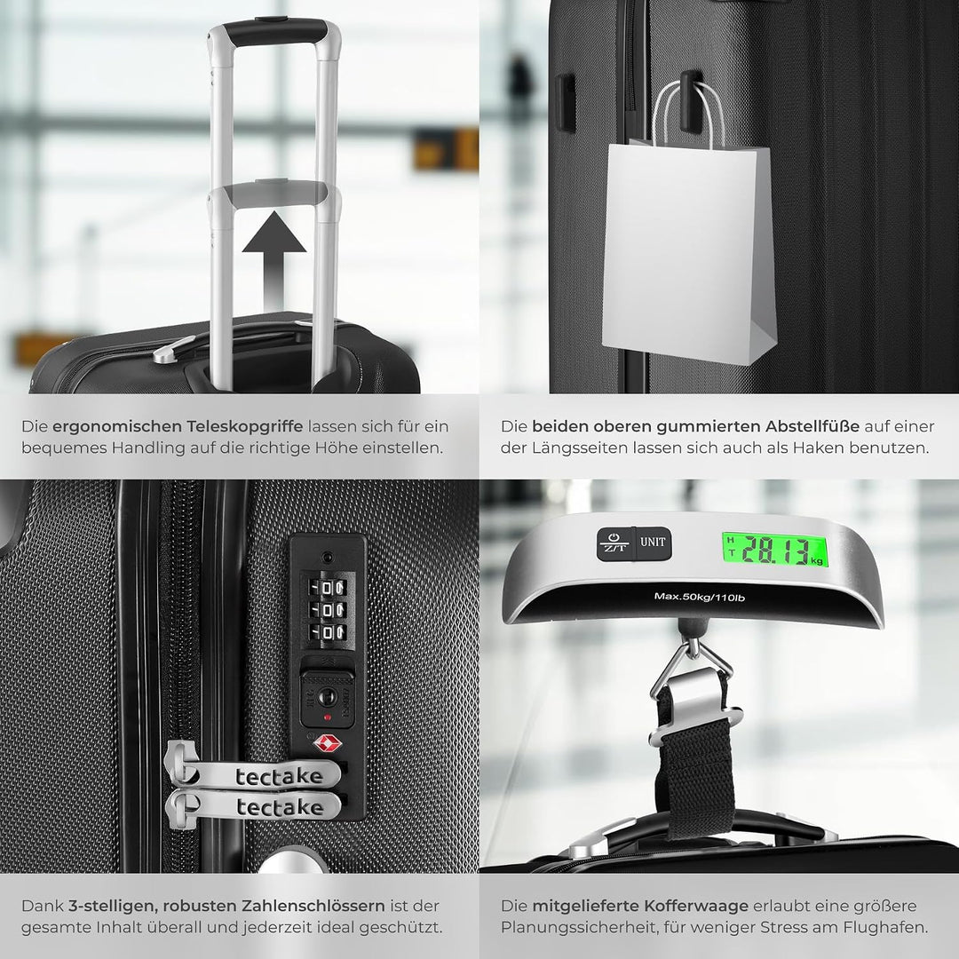 tectake® 3er Kofferset mit Kofferwaage & Kofferanhänger, Reisekoffer Set, ABS Hartschalenkoffer Set,
