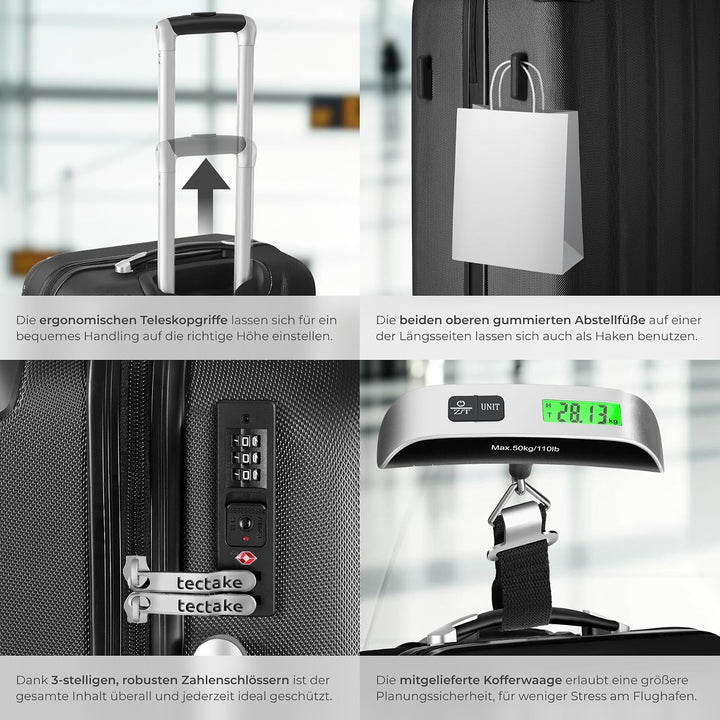 tectake® 3er Kofferset mit Kofferwaage & Kofferanhänger, Reisekoffer Set, ABS Hartschalenkoffer Set,
