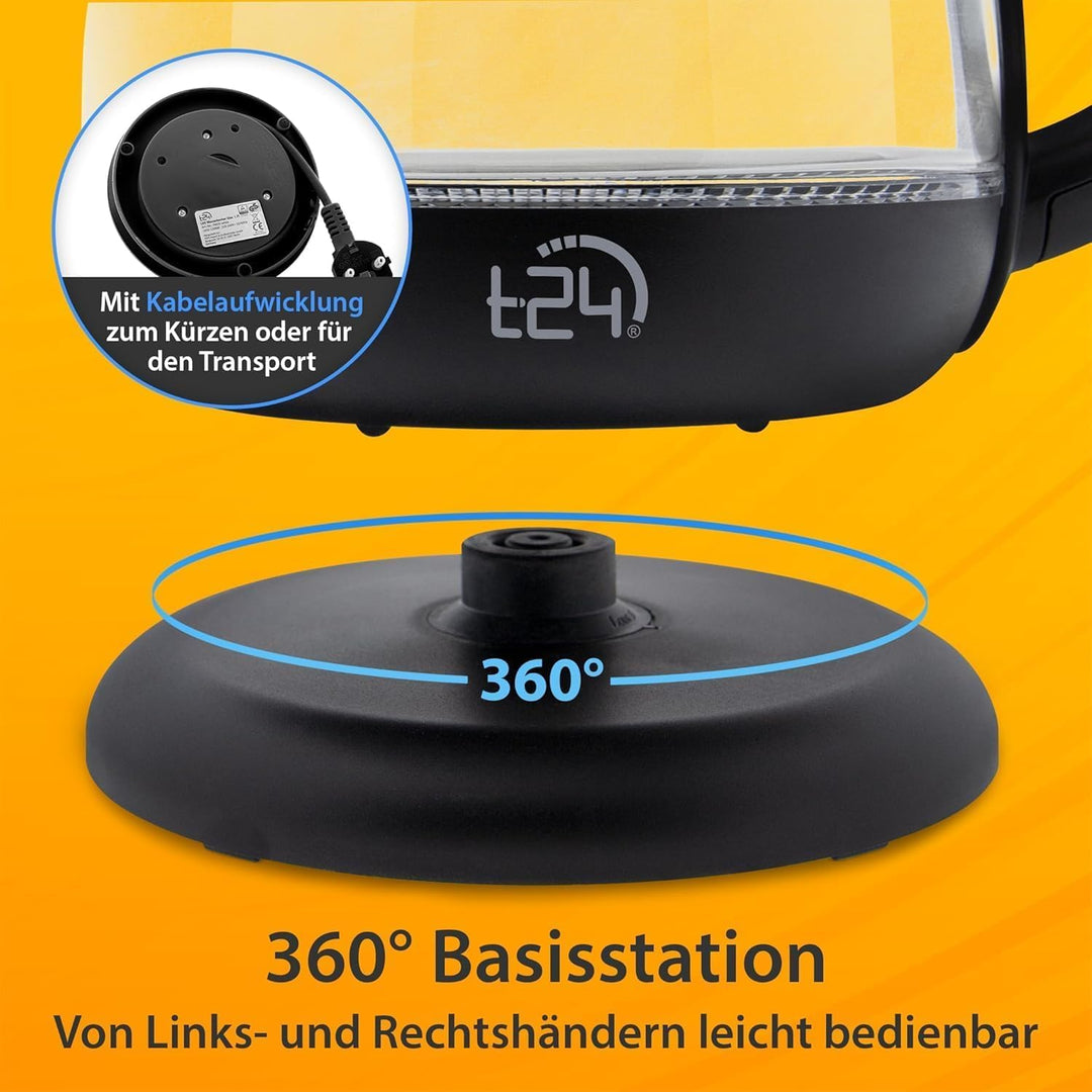 T24 LED Glas Wasserkocher 1,7 Liter mit LED-Beleuchtung in Schwarz | TÜV Rheinland GS Zertifiziert,