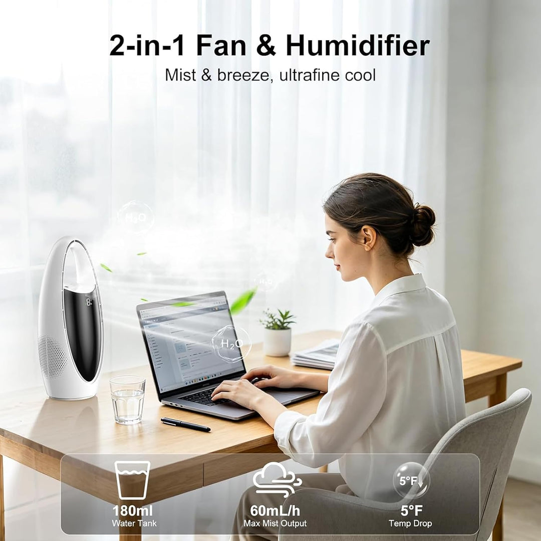 VOMI Ttischventilator Akku mit Sprühnebel, Rotorlose Ventilator Ohne Rotorblätter Tragbarer Kleiner