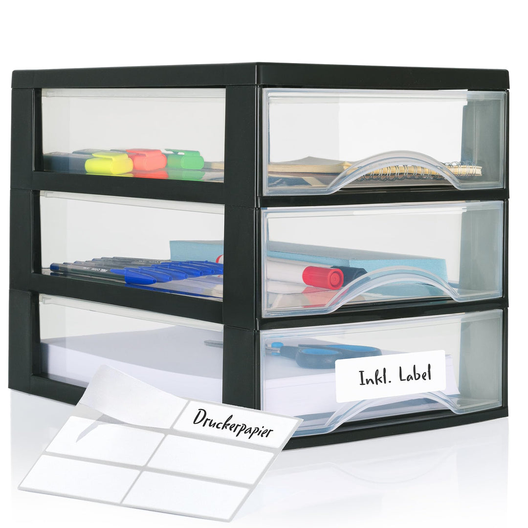 Hausfelder Schubladenbox A4 mit 3 Schubladen inkl. Aufkleber, Schubladenturm Box aus Kunststoff für