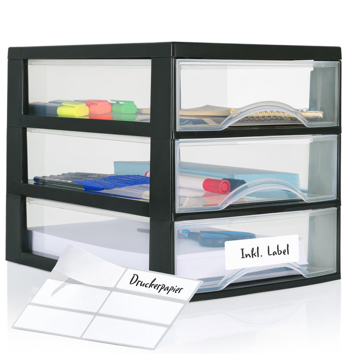 Hausfelder Schubladenbox A4 mit 3 Schubladen inkl. Aufkleber, Schubladenturm Box aus Kunststoff für
