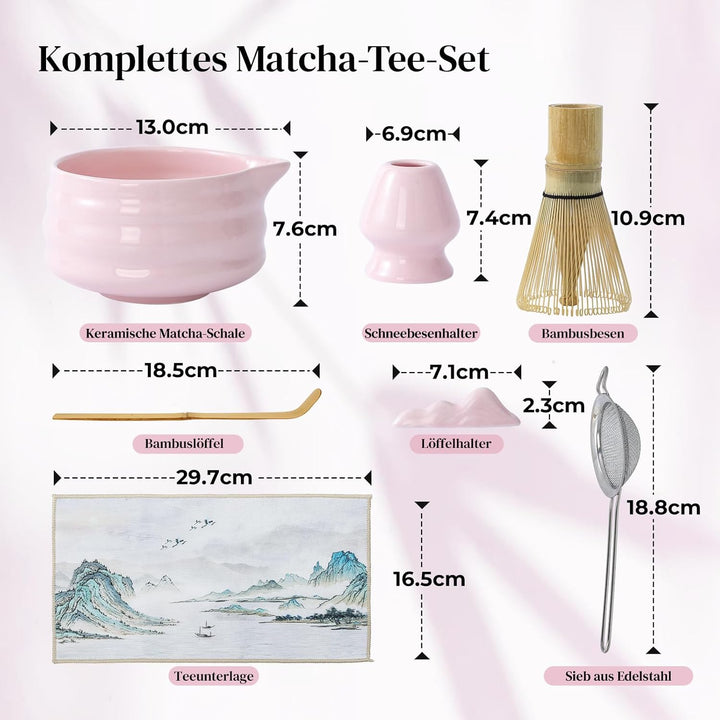 DOWAN Matcha Set, 7 Stück Matcha Tee Set, Matcha Zubehör Rosa, Matcha Schale mit Ausgiesser, Matcha