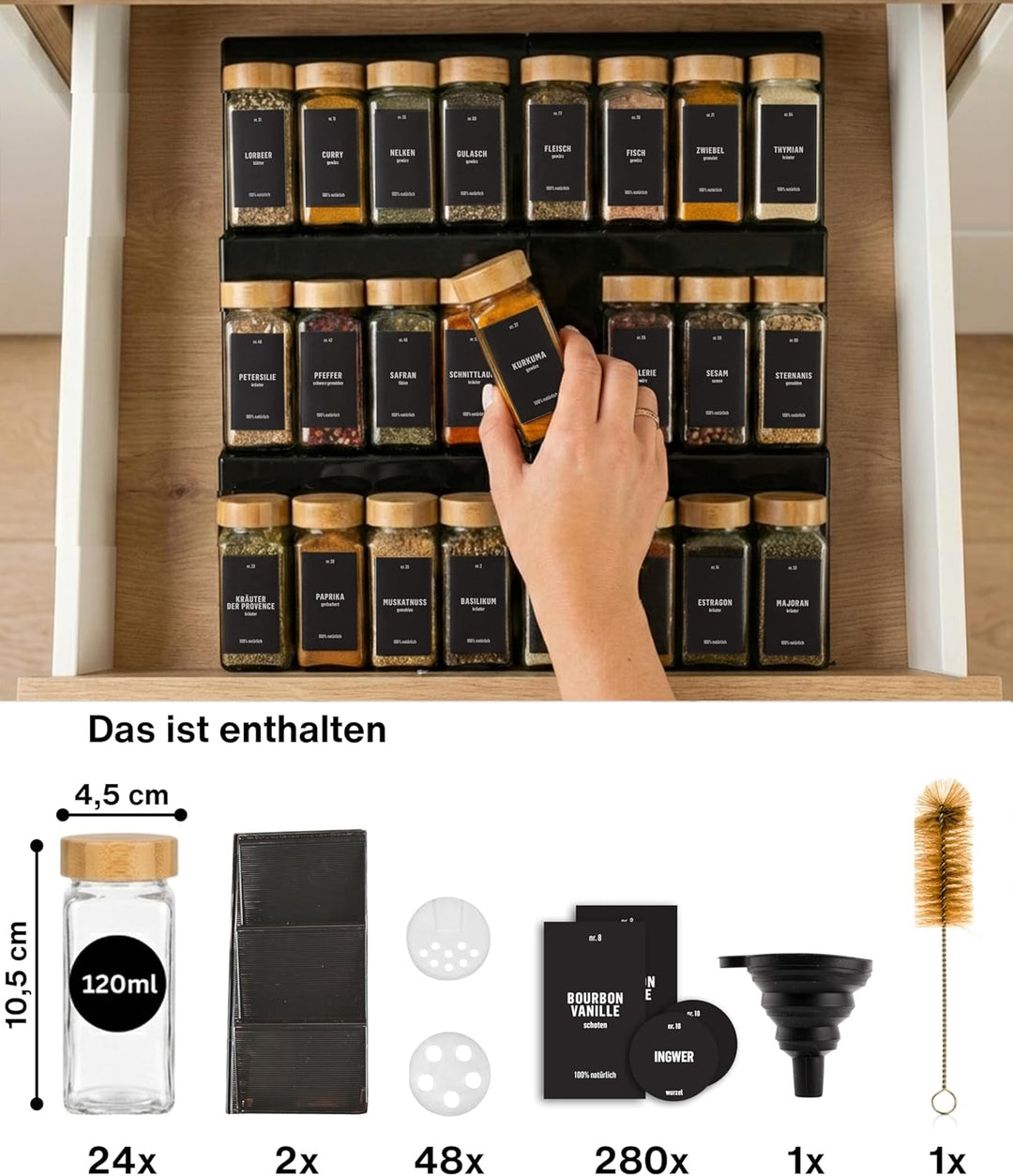 Deco haus® Gewürzregal Schublade [MIT 24 GEWÜRZGLÄSER & ETIKETTEN] - Gewürz Organizer Schublade - Ge