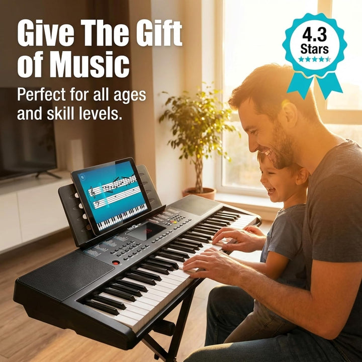 RockJam Compact 61 Key Keyboard with Sheet Music Stand, Power Supply, Piano Note Stickers &amp; Simply P