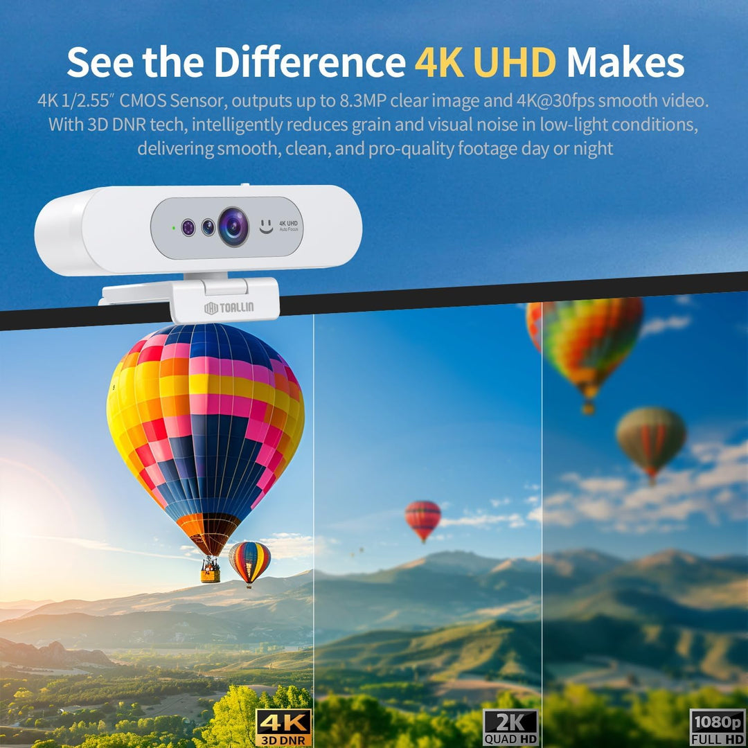 TOALLIN 4K UHD Webcam für PC, Windows Hello kompatible Kamera, Gesichtserkennung, Autofokus, integri