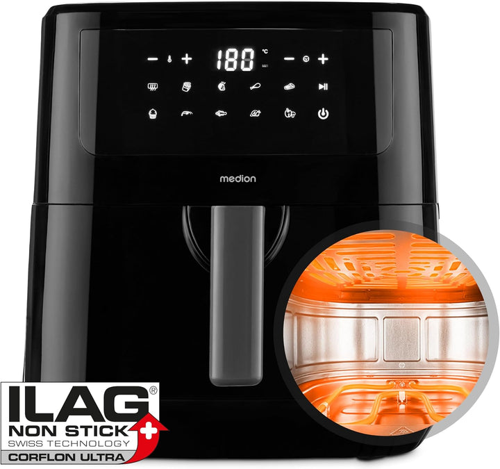 MEDION P10 XL Heissluftfritteuse (6,8 Liter XXL Frittierkorb, 2.150 Watt, zwei Heizelemente aus Edel