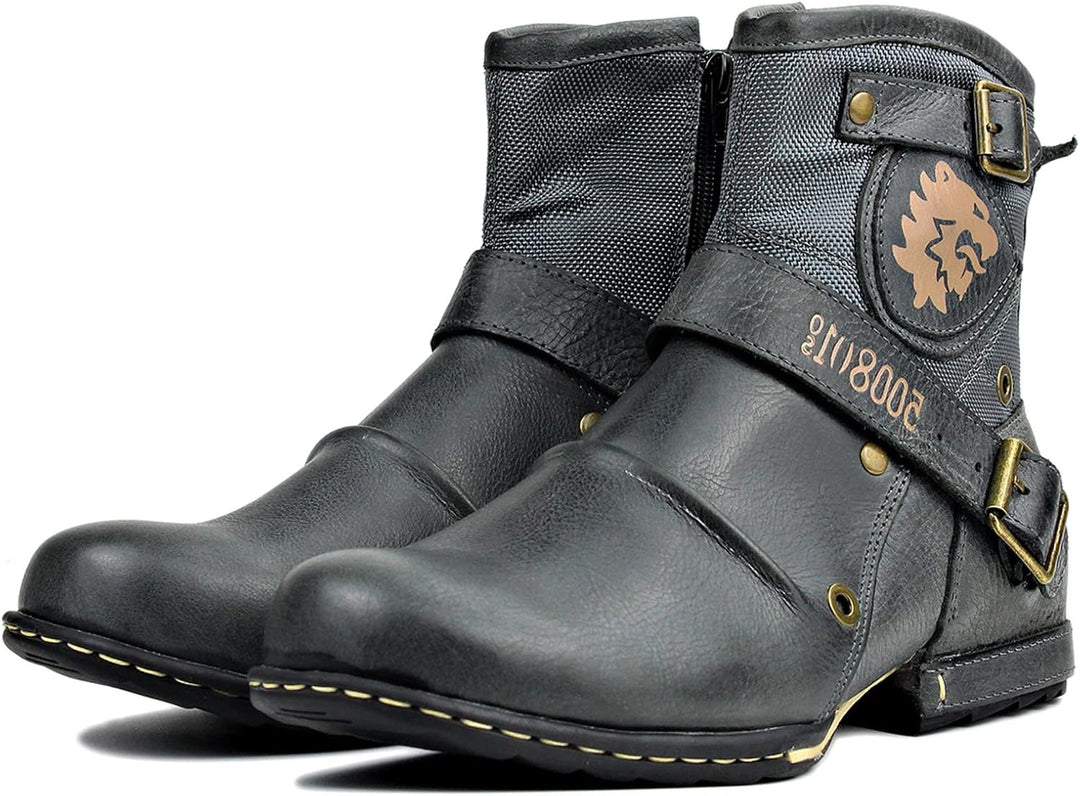 OSSTONE Herren Leder chukkastiefel Worker Biker Boots-Motorrad-Leder-Schuhe für reissverschluss Schn