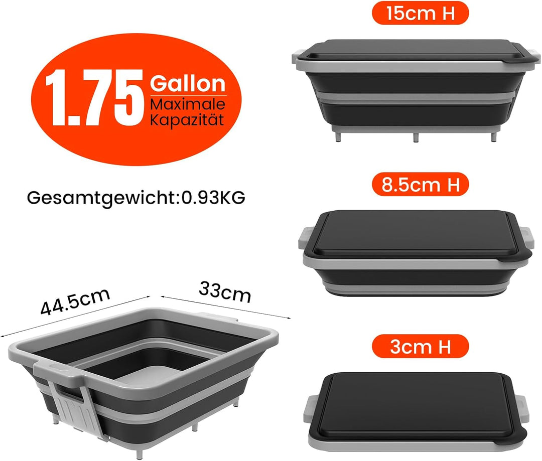 Zusammenklappbare Grillwanne mit Deckel (8L) – Falbbares Camping-Spülbecken mit Siebeinsatz | 4-in-1
