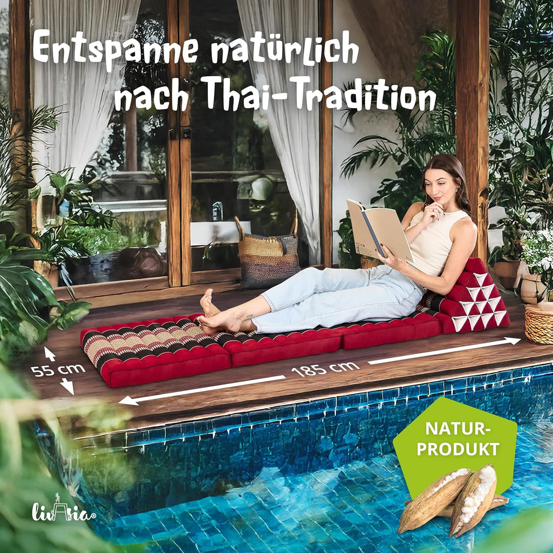 livasia Thaikissen 3 Auflagen extrahoch - 185x55x8cm - Dreieckskissen mit Klappmatratze, Kapok, Jumb