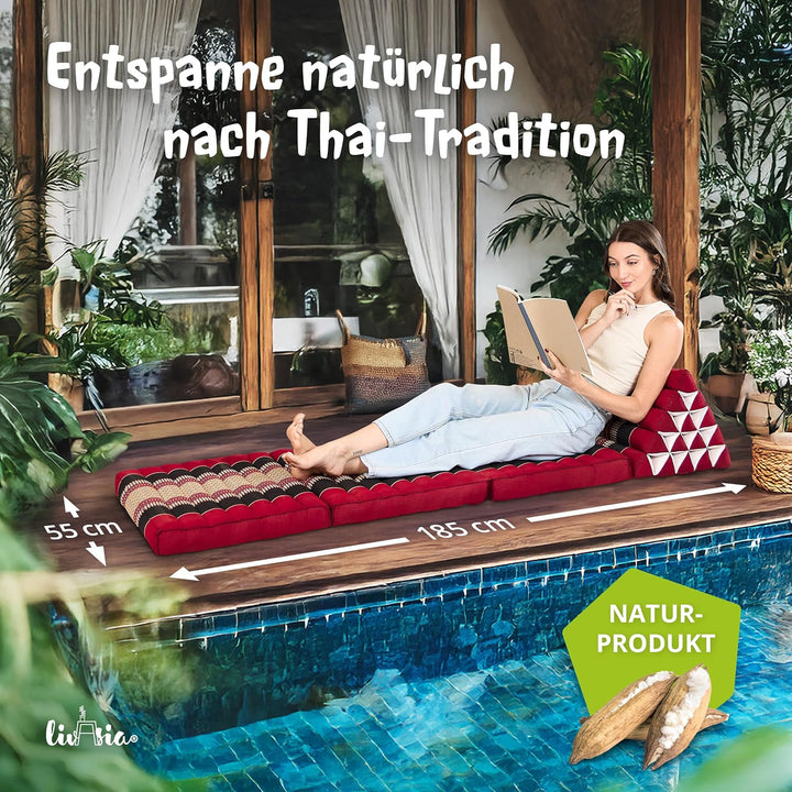 livasia Thaikissen 3 Auflagen extrahoch - 185x55x8cm - Dreieckskissen mit Klappmatratze, Kapok, Jumb