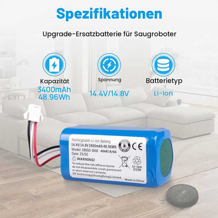 3400 mAh Ersatzakku Kompatibel mit AIRROBO P20 Roboter Staubsauger Akku, 14,4 V/ 14,8 V Li-Ionen Akk