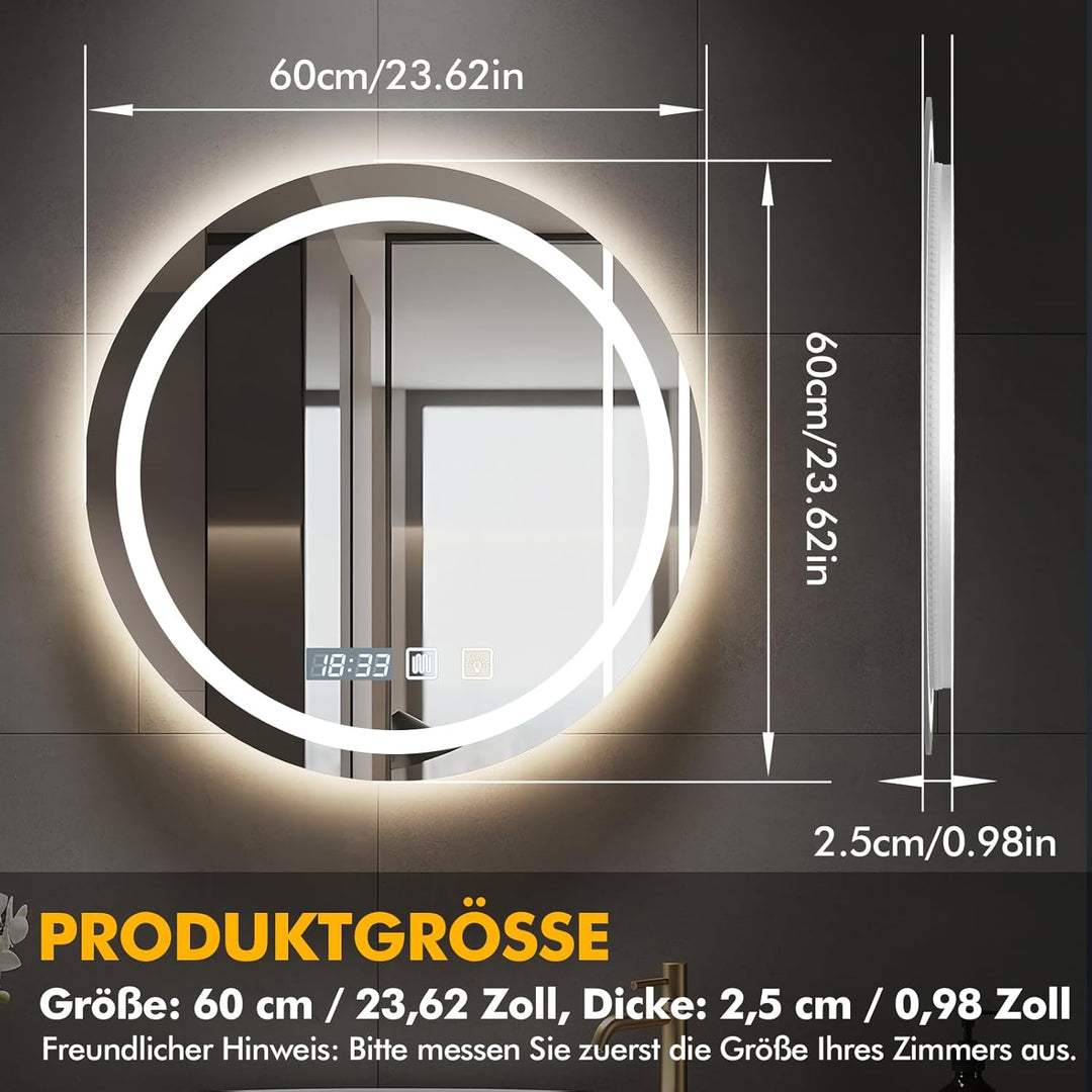 Badspiegel mit Beleuchtung 60x60cm,Runder Spiegel mit Licht,Badezimmerspiegel mit Beleuchtung und En
