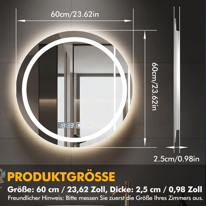 Badspiegel mit Beleuchtung 60x60cm,Runder Spiegel mit Licht,Badezimmerspiegel mit Beleuchtung und En