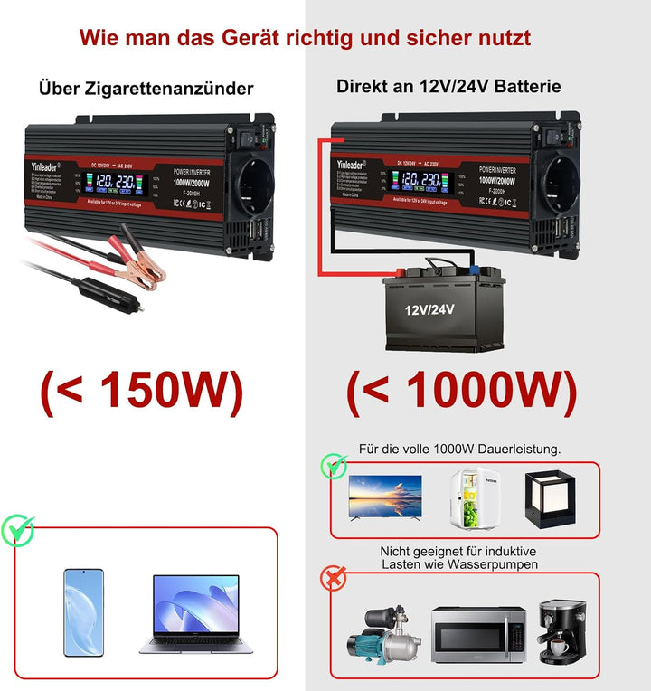 Yinleader Modifizierter Sinus Wechselrichter 12V/24V auf 230V Spannungswandler 1000W / 2000W LCD-Dis