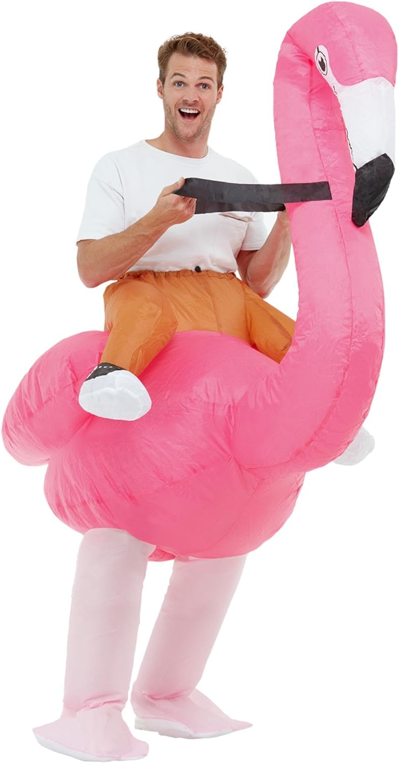 Inflatable Ride Em Flamingo Costume, Pink, with Oversized Bodysuit & Self Inflating Fan