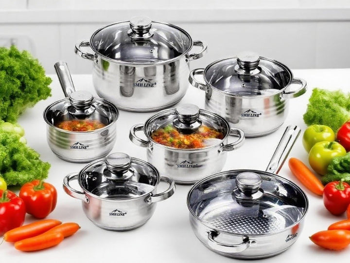 SMHLINE® 12-tlg Topfset Töpfe Set induktionsgeeignet Kochtopf Set Pfannen Edelstahl Kochgeschirr Pfa