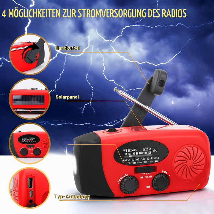 Notfall Wetterradio, Tragbares AM FM NOAA WB Radio mit 2000 mAh, Solar Handkurbel, Taschenlampe, für