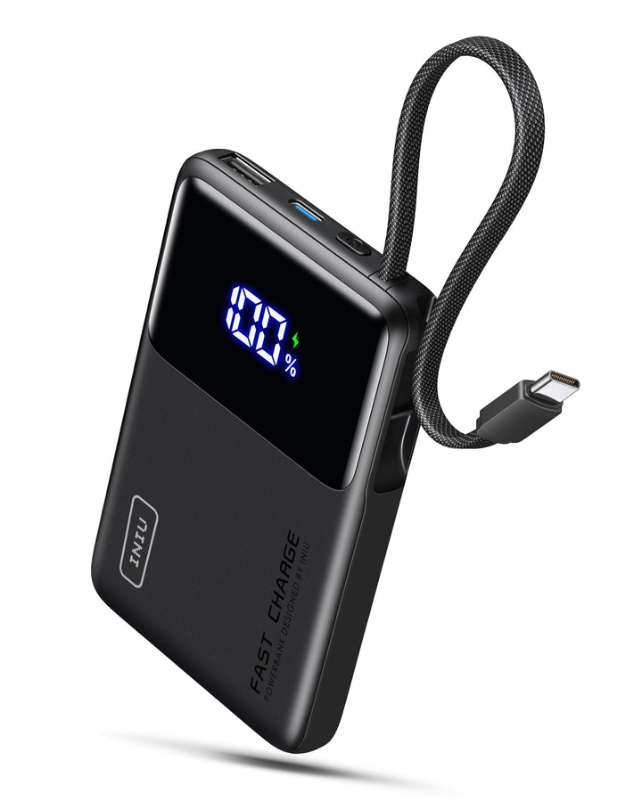 INIU 45W Power Bank, Ultra-dünn 10000mAh Externe Handyakkus mit Integriertem USB-C Kabel, Schnelllad
