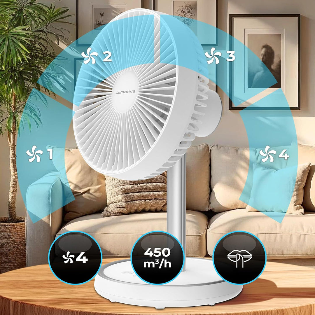 Ventilator Leise Tischventilator Akku Ø 20cm, 2in1 Höhenverstellbar 33-75cm LiftGo, 4000mAh, 15h, US
