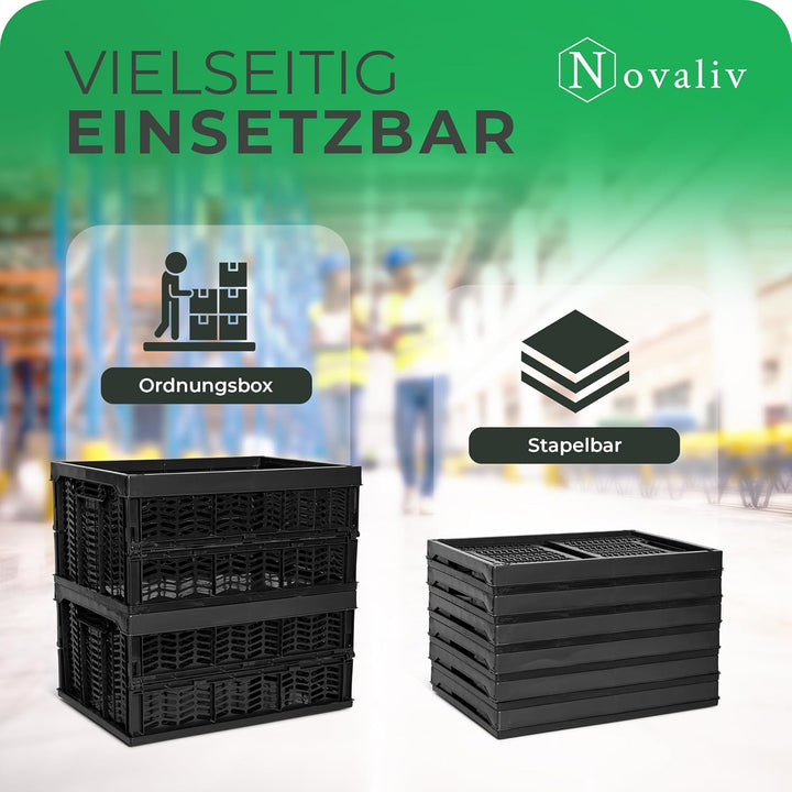 Novaliv Klappboxen faltbar stabil 2x 30L Schwarz Schwarz baskets Einkaufskiste Klappkisten Set Trage