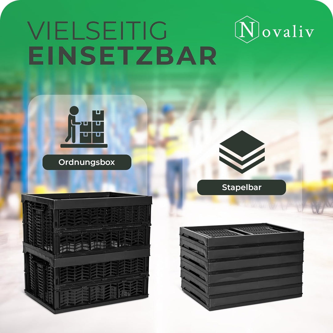 Novaliv Klappboxen faltbar stabil 8x 30L Schwarz Schwarz baskets Einkaufskiste Klappkisten Set Trage