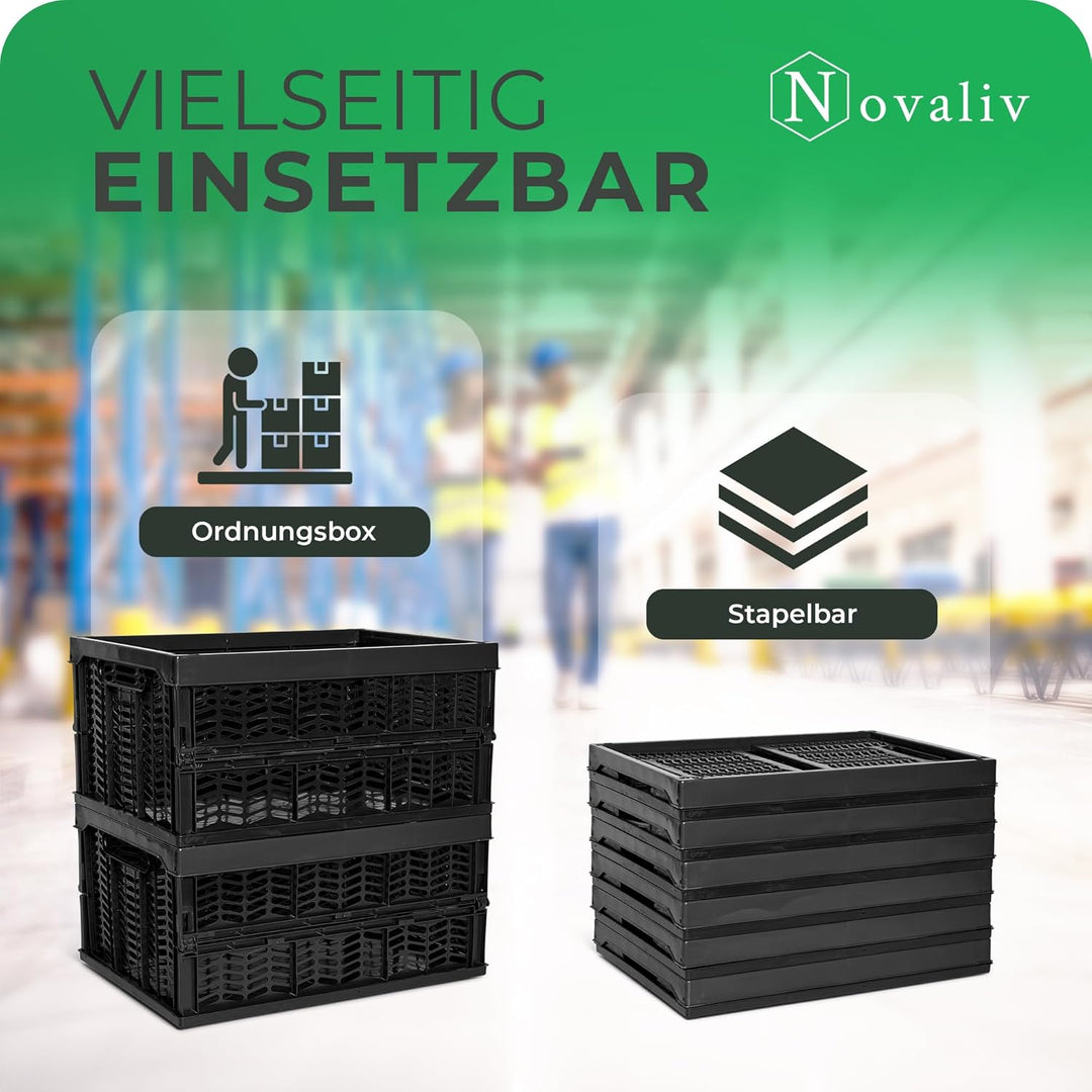 Novaliv Klappboxen faltbar stabil | 4x 30L Schwarz Schwarz baskets Einkaufskiste| Klappkisten Set Tr