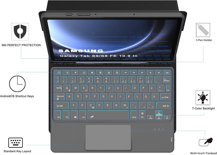 Tastatur Hülle für Samsung Galaxy Tab S9 FE / Tab S9 - 7 Farbige Beleuchtung Touchpad Tablet Cover m
