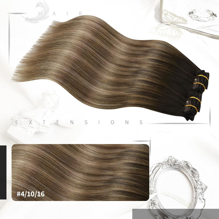 Moresoo Clip in Extensions Echthaar Balayage Braun mit Dunkelblond Remy Echthaar Extensions Clip 45c