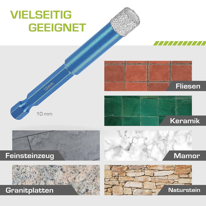 Profi Fliesenbohrer 10mm BIT Adapter - Diamantbohrer für Feinsteinzeug, harte Fliesen uvm. Diamantbo
