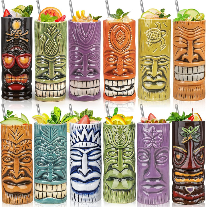 SuproBarware Tiki Tassen Set von 12 - Grosse Cocktail Tiki Gläser Hawaii Party Niedlich Exotische Co